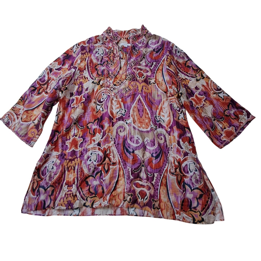 Chico's Tunic Top Womens 2 or 12 Orange Purple Paisley Beaded Colorful Boho